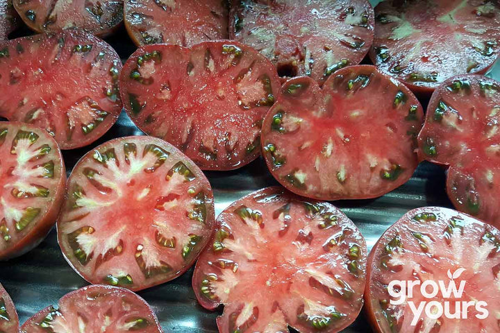 Sliced Cherokee Purple Tomatoes grown from seeds in NZ heirloom garden